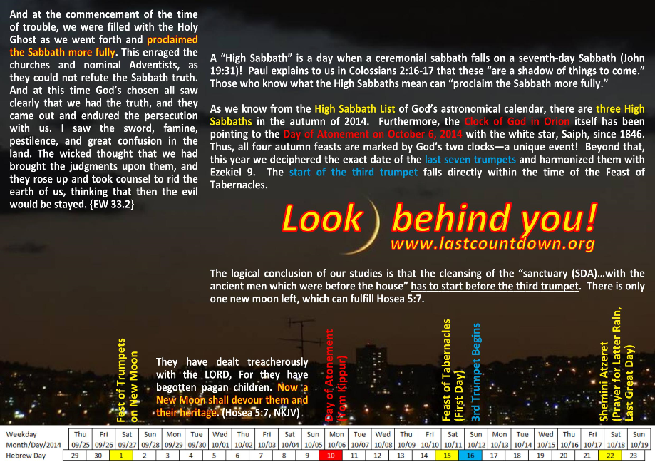 A graphical presentation combining text and a calendar highlighting religious interpretations of certain dates and celestial events. The main focus is on discussing significant religious days tied to astronomical observations, subtly emphasizing urgency and caution. The backdrop includes a high-contrast red and yellow color scheme, with a prominent web address urging viewers to seek further information.