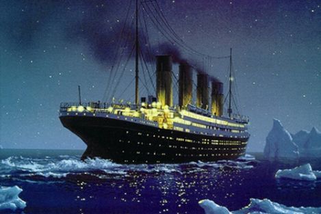 Illustration of a large early 20th-century passenger ship navigating through icy waters at night, with stars visible in the sky above.
