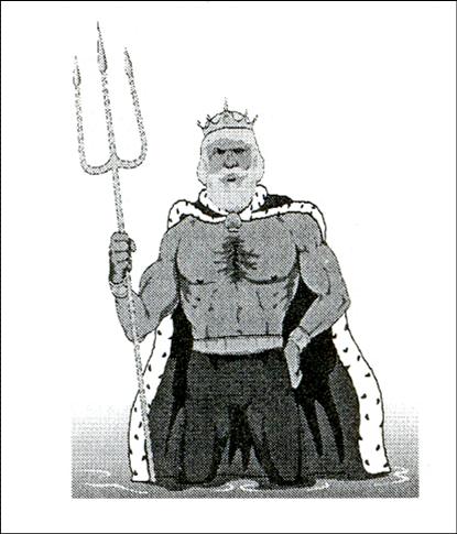 Illustration of a majestic figure with a muscular build, wearing a crown and a cape adorned with fur, seated while holding a trident. The character embodies a regal and powerful presence, suggestive of a ruler of an ancient myth related to celestial phenomena.