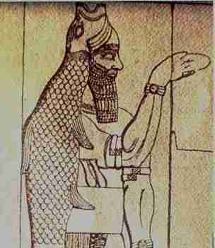 Ancient relief depicting a bearded figure in traditional Mesopotamian attire, including a patterned robe, pointing upwards.