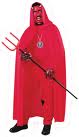 A person dressed in a red costume with an expressive scowl, holding a trident, representing a mythological underworld figure.