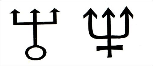 Two black symbols on a white background; the left symbol has a vertical line with a circle at the base and three horizontal lines at the top, while the right symbol shows a vertical line with an intersecting horizontal line and two upward pointing arrows.