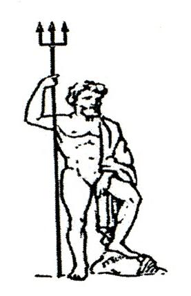 Illustration of a muscular man holding a trident, standing partially draped in cloth, suggestive of a constellation figure from the Mazzaroth.