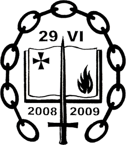A black and white artistic representation of a circular chain border framing an open book with symbols. The left page of the book displays a star symbol and "2008," while the right page shows a flame symbol and "2009." Above the book, the numbers "29 VI" are shown, referring to a specific date in a conventional calendar system.