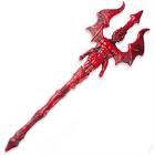 A decorative red staff with an elaborate, winged blade design resembling a stylized celestial object.