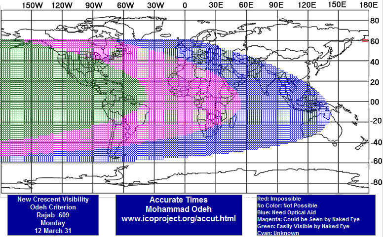A color-coded map displaying new crescent visibility based on the Odeh criterion for various regions across the globe. The map is overlaid on a grid of longitudes and latitudes. Areas are marked in red, blue, magenta, and green, indicating varying visibility levels from impossible, optical aid needed, possible by naked eye, and easily visible by naked eye, respectively. The legend and a reference to a more accurate times website are included at the bottom.