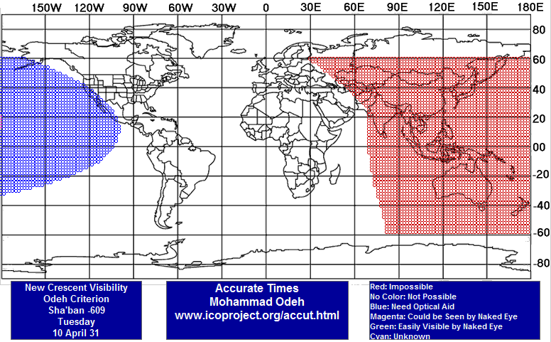 A global map overlaid with colored grids indicating new crescent visibility predictions for April 10th. The Western hemisphere shows a blue grid where a new crescent moon could be spotted with optical aids, while the Eastern hemisphere is covered with red, indicating areas where the sighting would be impossible. Below the map is a key explaining the color codes.