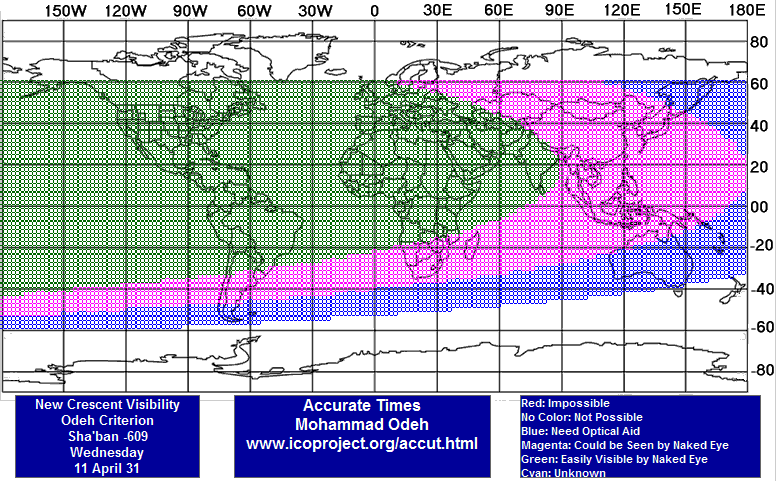A map depicting global visibility zones for a new crescent according to the Odeh criterion on Wednesday, 11 April 31. The map is color-coded: red areas where observation is impossible, blue indicating the need for optical aid, magenta showing potential naked-eye visibility, green where the crescent is easily visible by naked eye, and cyan for unknown visibility. Longitude and latitude lines are marked from 180W to 180E and 60S to 60N respectively.