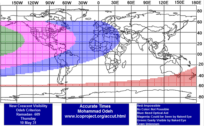 A global map highlighting the visibility of the new crescent moon based on the Odeh criterion for Ramadan 609. Diverse colors indicate varying visibility conditions from impossible (red) to easily visible by the naked eye (green). The map is marked with longitudes and latitudes, labeled from 150W to 180E in longitude, and features a legend explaining the color code related to visibility.