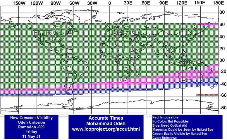 A detailed map showing the visibility of the new crescent moon across the globe on May 31, 609 in the Hebrew calendar. It displays color-coded regions indicating different visibility levels: red for impossible, blue for needing optical aid, magenta for potentially visible to the naked eye, and green for easily visible without aid. The map includes longitudinal and latitudinal grid lines with major continents outlined.