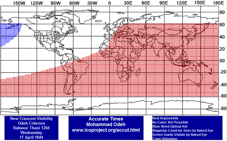A detailed visibility map displaying varying observation opportunities across a global map for celestial events on April 17, 1844. Regions are color-coded: red indicates observation is impossible, blue suggests optical aids are necessary, magenta implies potential visibility with the naked eye, and green denotes clear visibility without aid. Key areas of interest span North America to Eastern Europe, aligning with celestial observation studies.
