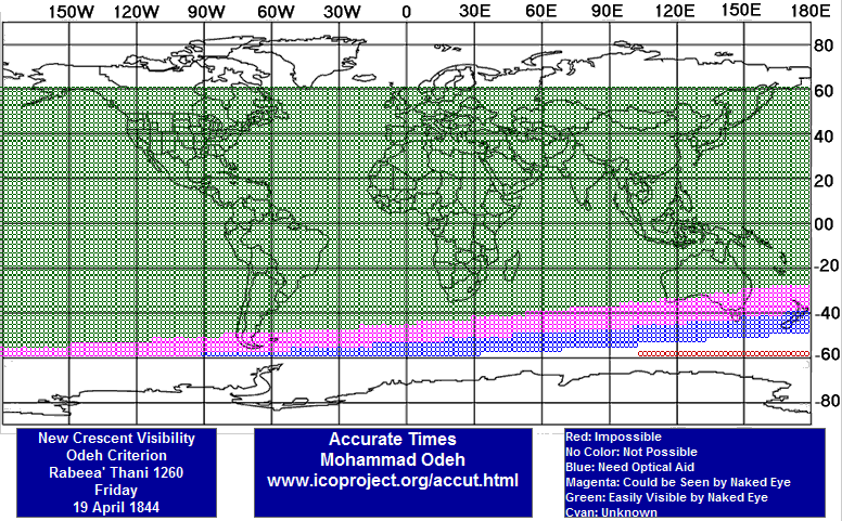A global visibility map displaying the viewing conditions for the new crescent moon on 19 April 1844. The map is color-coded: red zones indicating where viewing is impossible, blue where optical aid is needed, magenta and pink showing visibility with naked eye under different conditions, and green where the crescent is easily visible. The grid covers longitudes from 150W to 180E and latitudes from 60N to 40S, overlaid with a schematic drawing of the Earth’s continents.