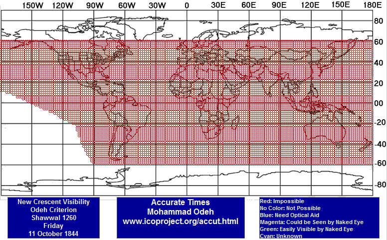 A detailed world map displaying visibility data for a new crescent based on specific scientific criteria from October 11, 1844. The map is color-coded, with red indicating areas where visibility is impossible, blue for optical aid required, magenta for possible visibility to the naked eye, and green for areas where the crescent is easily visible without aid. The map is overlaid with grid lines for longitudinal and latitudinal reference, marking the divisions from 180W to 180E and 0 to +/-90 degrees latitude.