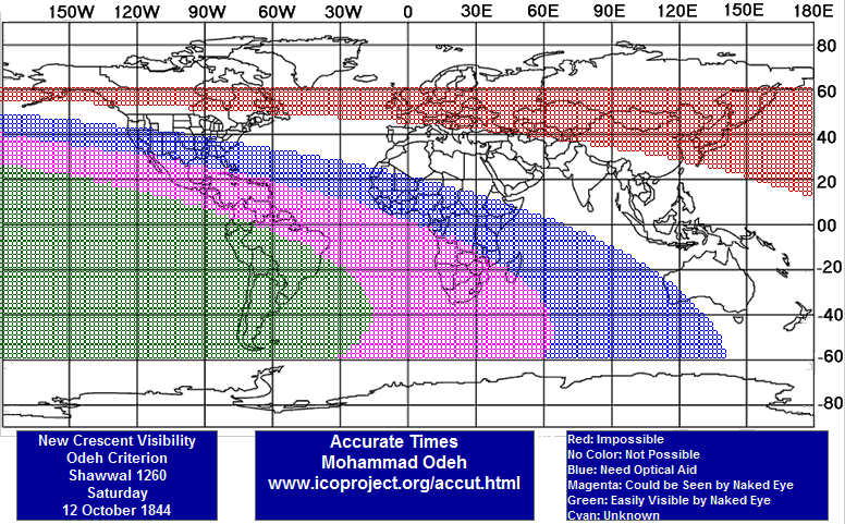 A color-coded map showing the visibility of the new crescent across the world on 12 October 1844, detailed by Mohammad Odeh. Different colors represent visibility conditions; red indicates that visibility is impossible, blue signifies the need for optical aid, magenta means visible to the naked eye, and green suggests easily visible without aid. The regions are superimposed over a world map with longitude lines. The key and website link are at the bottom.