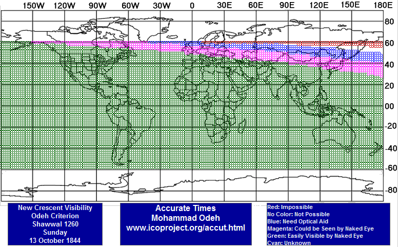 A detailed global map displaying the visibility of the new crescent moon for Shawwal 1260, based on a specific observation criterion by Mohammad Odeh. The map is divided by longitudinal and latitudinal lines with varying colors indicating visibility levels: red for impossible visibility, blue where optical aid is needed, magenta for possible naked eye sighting, and green for easy visibility. The date "13 October 1844" is noted at the bottom.