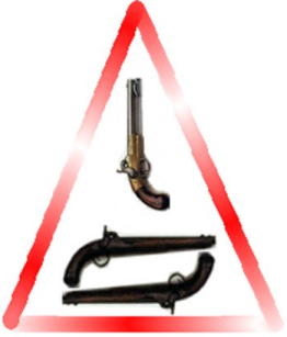 An illustration depicting three vintage pistols arranged inside a red outlined triangle, symbolizing an element associated with the Mazzaroth.
