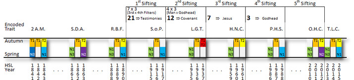 A detailed chart featuring various categories such as sitting periods labeled from 1st to 5th, and sections named 2 A.M., S.D.A., R.B.F., and others. Each category contains numeric values and is color-coded in yellow, blue, and black across different seasons labeled 'Autumn' and 'Spring', reflecting structured data comparisons.