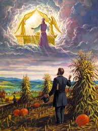 An illustration featuring a man in a field, surrounded by wheat and pumpkins, looking towards a large glowing figure of a woman standing inside a celestial archway above the clouds. The scene depicts a tranquil earthly landscape contrasted with a dramatic celestial event.