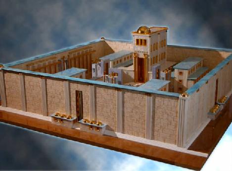 A model depicting an ancient, walled structure with multiple buildings and courtyards, elevated above a cloudy background.