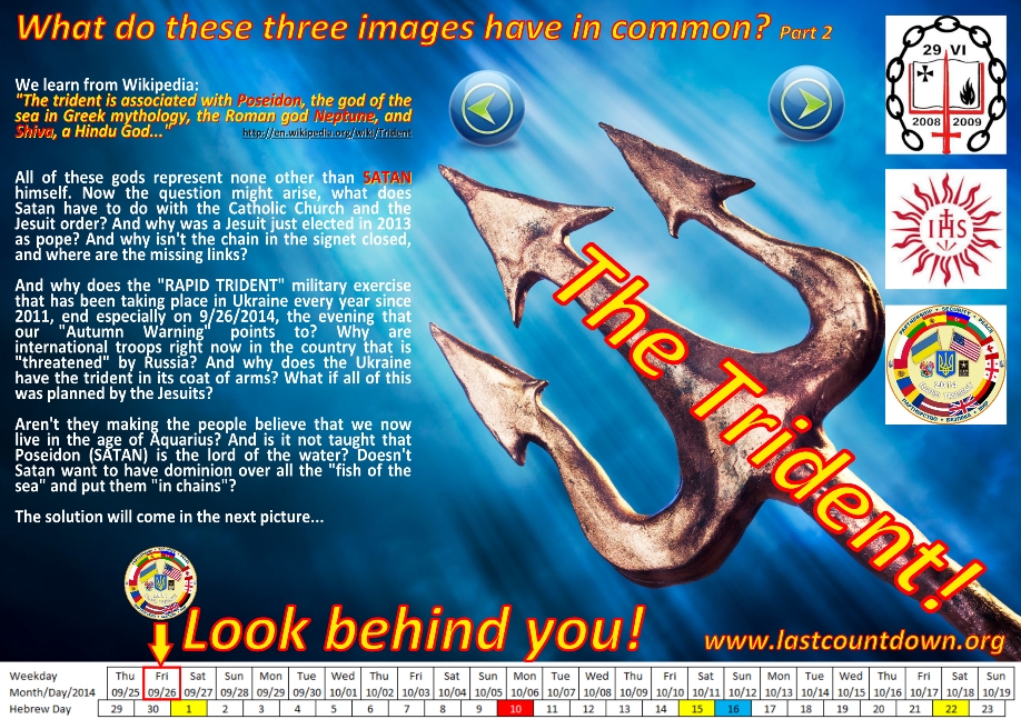 A vivid graphic with a large image of a bronze trident against a bright blue background centered under the bold text "The Trident!". Surrounding elements include a title saying "What do these three images have in common? Part 2", a collection of symbols and logos in the top right corner, a detailed paragraph with multiple questions linking various historical and political events to mythical and biblical references. At the bottom, a calendar from September 25 to October 23 of an unspecified year is shown, highlighting transitional themes.