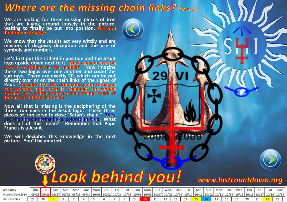 A colorful and complex image featuring a large illustrative diagram with various symbols overlaid on a sky-themed background. Central to the image is a trident emblem dated 2008-2009, intertwined with chains and adorned with red, blue, and black elements, including flames at its base. Surrounding this are symbols resembling stylized versions of celestial bodies and characters from the Mazzaroth. The image includes text blocks discussing symbolism, manipulation, and biblical references such as Revelation 13. Additionally, a calendar from September 25 to October 23, 2014, is displayed in the lower left corner with a prominent directive "Look behind you!" and the website "lastcountdown.whitecloudfarm.org" noted.