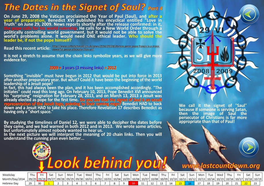 A colorful digital graphic discussing various events and theories about biblical prophecy interpretations related to leadership and Mazzaroth references. It includes text overlaid on a symbolic background featuring chains and a calendar with highlighted dates, alongside graphics representing directions and a command to "Look behind you!" The central graphic includes a construct resembling alpha and omega symbols amidst digits marking years 2008 and 2009.