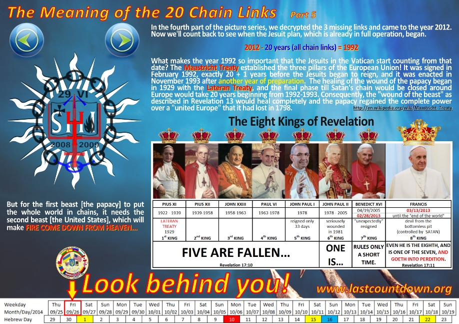 An informational poster regarding a period-specific thematic interpretation, featuring a complex graphic with symbols and text. Central focus is a stylized religious emblem surrounded by dates spanning 2008 to 2009. Sections of text discuss historical and theological concepts such as agreements and predicted events, referencing timelines and past leadership in religious context. Additionally, small portraits of religious figures labeled with their terms and a calendar highlighting specific dates are included.