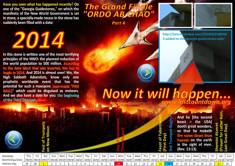A complex graphic containing multiple elements related to future events predictions, including images of a stone structure with inscriptions, calendar dates, celestial imagery, and text discussing potential global events. The layout includes a fiery comet-like image, a calendar from September to October, and highlights from a website URL.