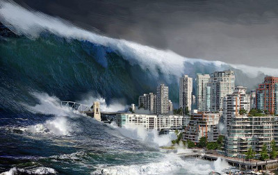 A massive tidal wave, towering over a coastal city with modern high-rise buildings, is about to crash into the urban area under a stormy sky.