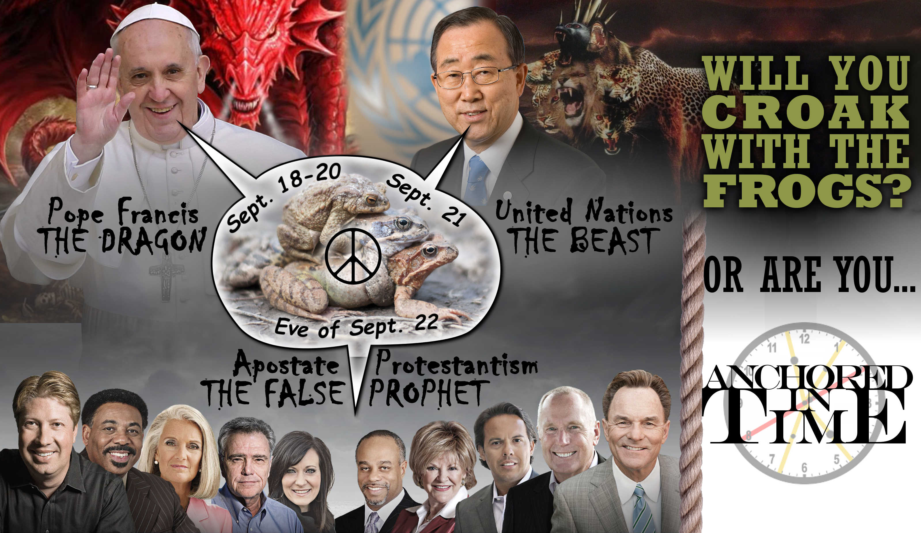 A collage image featuring various public figures, including Pope Francis and former United Nations Secretary-General Ban Ki-moon, presented with symbolic titles and imagery such as a dragon and frogs. Additionally, there are text overlays indicating dates in September, phrases like "THE BEAST", and a rhetorical question about frogs positioned against a backdrop of a clock showing nearly midnight, implying an urgency or significant event.