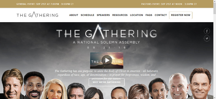 A website banner for "The Gathering", a national solemn assembly event. The top navigation menu includes links to About, Schedule, Speakers, Resources, Location, FAQs, and Contact pages, alongside a Register Now button. Below it, a lineup of diverse smiling male and female speakers' portraits spans the width of the image, with overlaid text announcing the event date as "09-21-16".