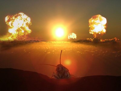 A digital artwork depicting a symbolic scene with a large, radiant sun at the center horizon, flanked by two large, fiery bursts resembling giant celestial bodies. A metallic, insect-like creature with prominent antenna sits in the foreground on a rocky terrain, under a dramatically illuminated sky.