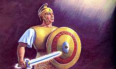 Illustration of a warrior in ancient attire with a helmet, holding a gleaming sword in one hand and a decorated shield in the other, set against a dark cosmic background.