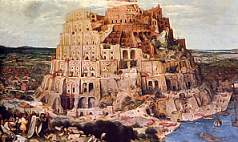 A detailed oil painting depicting the Tower of Babel, featuring a vast, multi-tiered structure with numerous arches and bustling activity around its base, including tiny figures of people and boats on a nearby river.