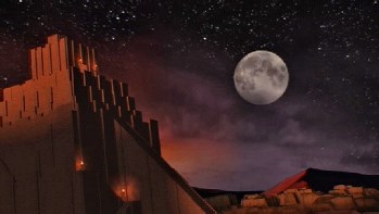 A night scene showing a large, luminous full moon hanging in a star-filled sky above an ancient stone fortress, with glowing lamps on its walls, under a gradation of twilight hues ranging from deep blue to warm amber.