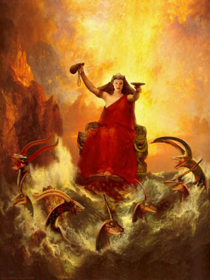 A classical painting depicting a woman in a vibrant red dress standing on a rock amidst a tumultuous sea, balancing two bowls. She is surrounded by large fish leaping from the waves, under a dramatic, fiery sky painted in shades of orange and gold.
