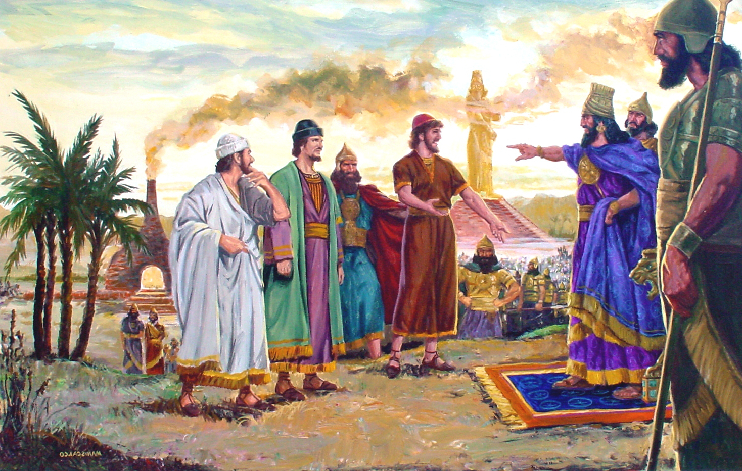 A vivid historical painting depicting seven men in ancient attire engaged in a lively discussion. On the left, one man gazes thoughtfully at a tall, smoky structure, reminiscent of an ancient furnace, under a clouded sky. The group stands before a commanding figure in royal blue and gold robes, pointing outward towards an unseen point of interest. The setting features palm trees, an expansive body of water, and distant figures of soldiers, suggesting a scene of significant decision or revelation possibly linked to celestial phenomena or Mazzaroth.
