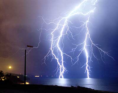 A dramatic display of multiple lightning bolts striking the sea under a dark sky, with a calm sea reflecting the intense light, and a faint glow near the horizon resembling celestial bodies governed by the Mazzaroth.