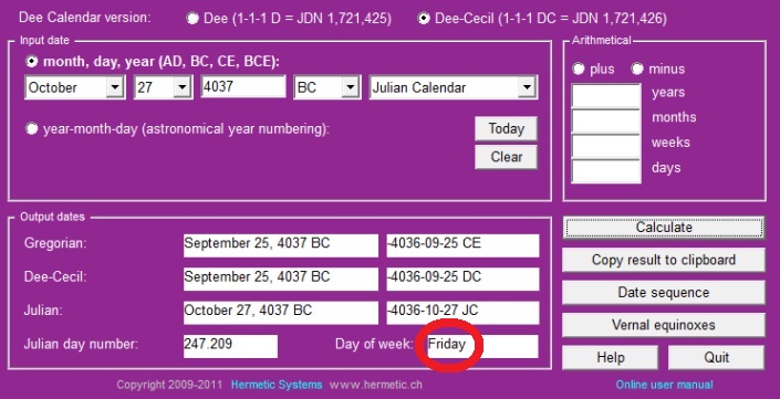Screenshot of a date conversion tool showing a specified input of October 27, 4037 BC in the Julian Calendar with corresponding outputs in different dating systems, including Gregorian and Julian, highlighting "Friday" as the day of the week.