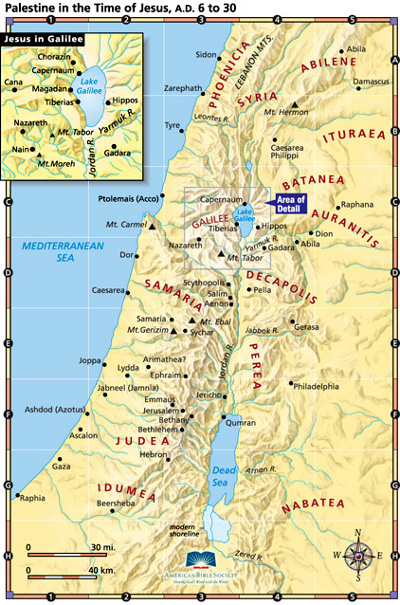 Map titled "Palestine in the Time of Jesus, A.D. 6 to 30," indicating ancient geographical regions such as Galilee, Judea, and Samaria, as well as notable cities including Nazareth, Jerusalem, and Capernaum. The map includes topographical features and is bounded by the Mediterranean Sea to the west and the Decapolis to the east.