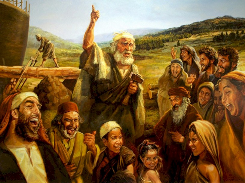 An elderly man with a white beard stands assertively in a rustic outdoor setting, pointing upwards as he addresses a group of cheerful people, including men, women, and children. In the background, a large wooden structure, possibly a ship, is under construction, and lush hilly landscapes stretch into the distance.