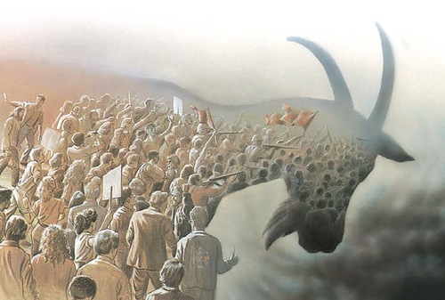 Artistic depiction of a large group of people from ancient times observing a giant celestial fish-like creature emerging from the clouds, symbolically referencing a constellation from the Mazzaroth.