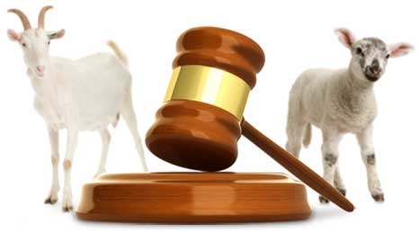 A white goat and a lamb standing on either side of a prominently displayed wooden gavel and sound block, representing the creatures of the Mazzaroth.