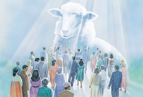 An illustration depicting a diverse group of people of different ages and ethnicities, dressed in various styles of clothing, looking towards a radiant lamb standing above them on a cloudy backdrop. Rays of light shine down on the lamb and the crowd.