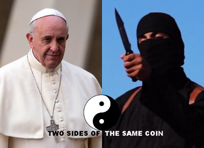 A split-image graphic that contrasts two figures: on the left, a man in white religious attire with a subdued expression, and on the right, a person with their face covered by a black mask holding a knife. A Yin Yang symbol divides the image with the text "Two sides of the same coin."