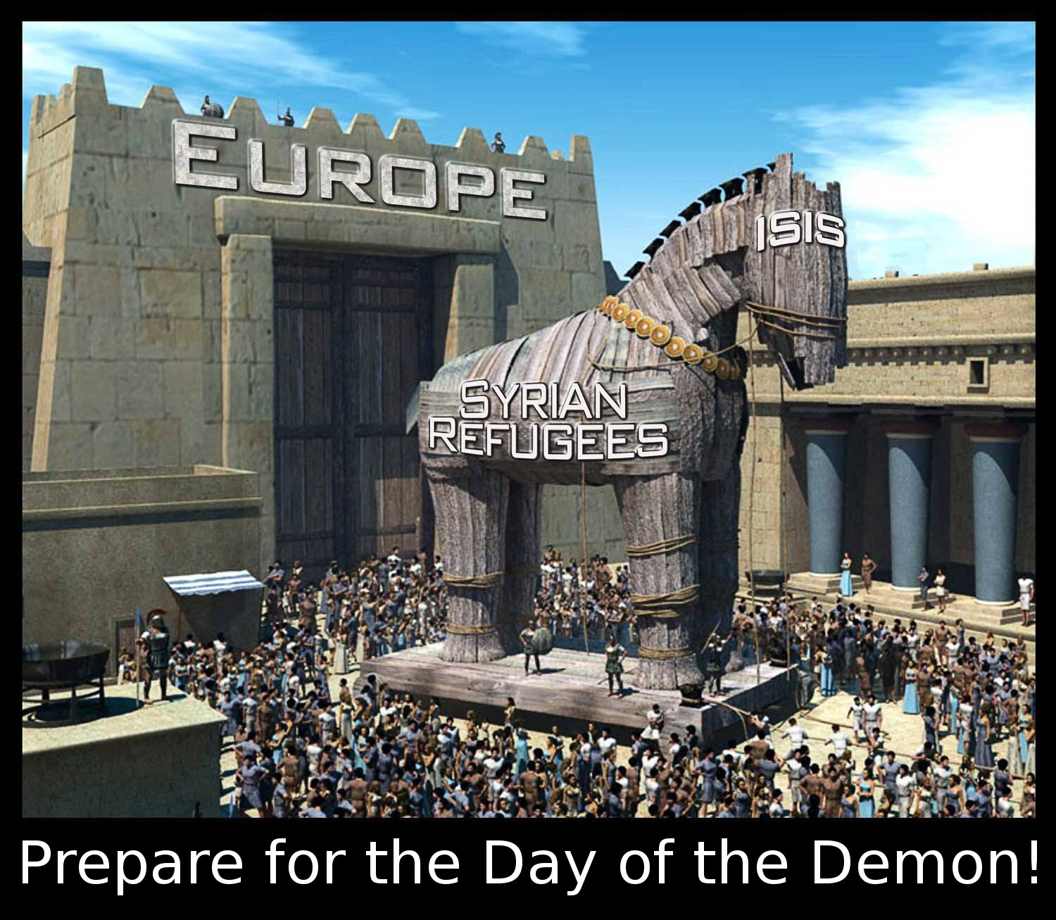 A digital illustration depicts a large wooden horse, labeled "ISIS," standing before a fortified gate marked "Europe." Below the horse, a crowd marked as "Syrian Refugees" gathers. The scene references a historical strategy of deception.