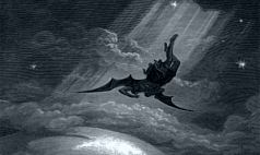 An illustration of a winged creature flying through the night sky, surrounded by clouds and stars, hovering above the moonlit earth.