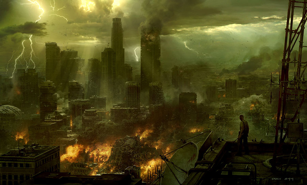 A dramatic illustration of a city devastated by apocalypse, featuring foreboding clouds and multiple lightning strikes. A lone figure stands on a rooftop overlooking the widespread destruction and fires engulfing the buildings below.