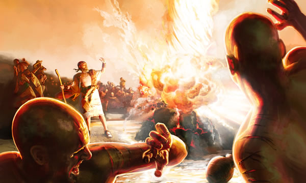 Dramatic depiction of ancient warriors in battle under a fiery celestial event, invoking themes found in traditional narratives and prophecies.