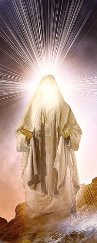 A radiant figure stands on a rugged terrain with a burst of light emanating from behind their head, creating a dynamic halo effect. The figure is enveloped in a flowing robe, and the background features a bright, celestial inspired light suggestive of divine or celestial themes.